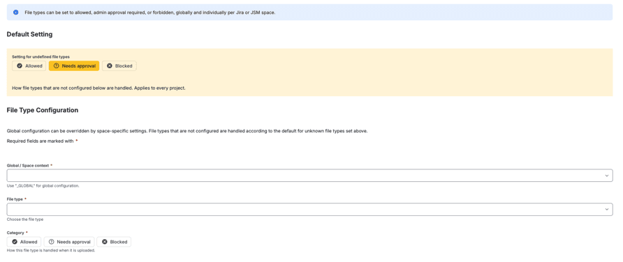 The file type settings, with a category set per type